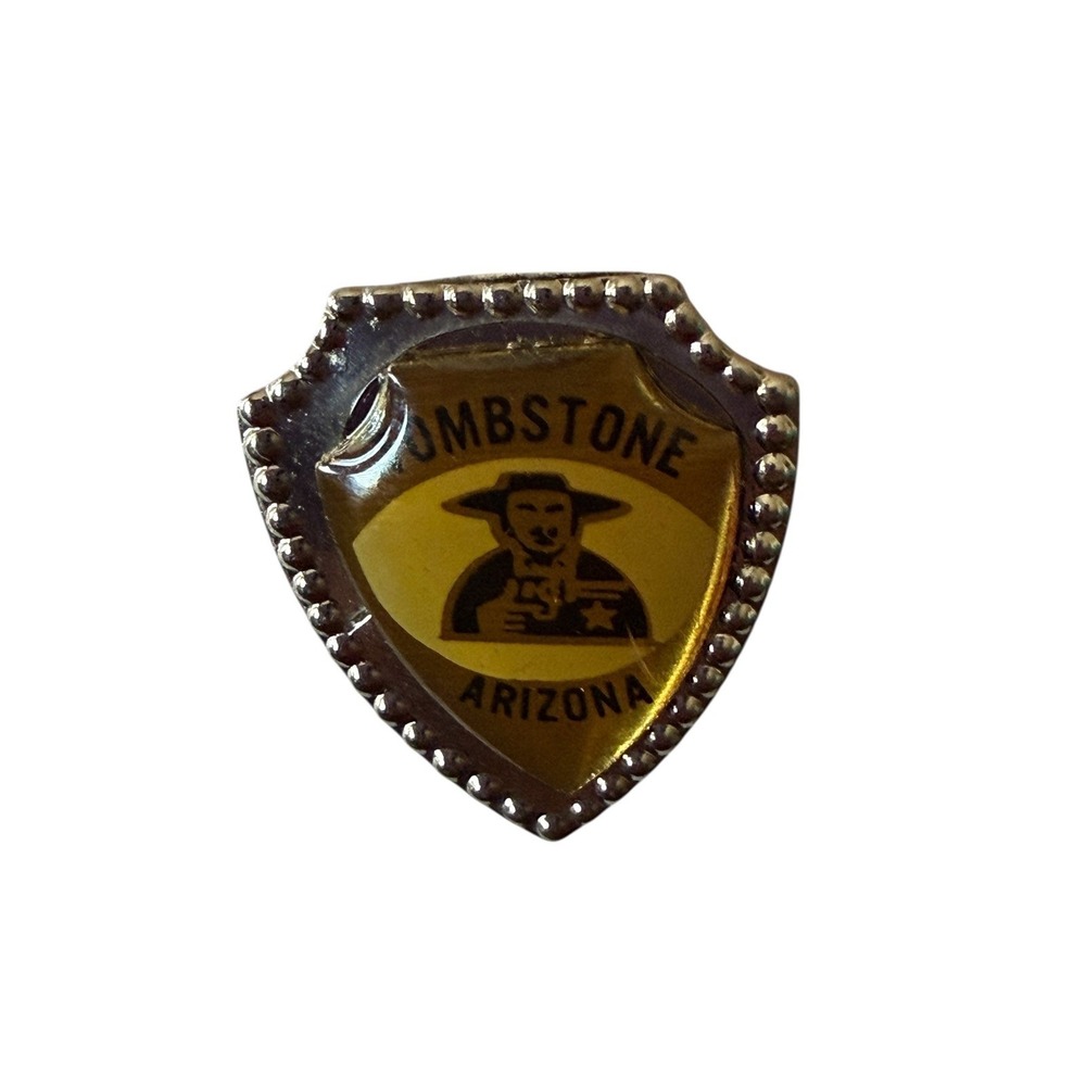 Vintage Tombstone Arizona Souvenir Pin Cowboy Outlaw Shield Silver Tone Beaded